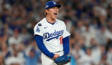 Los Angeles Dodgers pitcher Yoshinobu Yamamoto reacts after striking out Cincinnati Reds' Elly De La Cruz during the sixth inning in Game 2 of the National League Wild Card baseball playoff series on Wednesday in LA. (AP Photo/Mark J. Terrill)