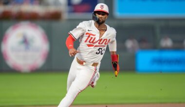 Jul 26, 2025; Minneapolis, Minnesota, USA; Minnesota Twins right fielder Willi Castro (50) rounds third on his way to home. He would be called back as left fielder Harrison Bader (12) would have his hit ruled a ground rule double in the eighth inning against the Washington Nationals at Target Field. Mandatory Credit: Matt Blewett-Imagn Images