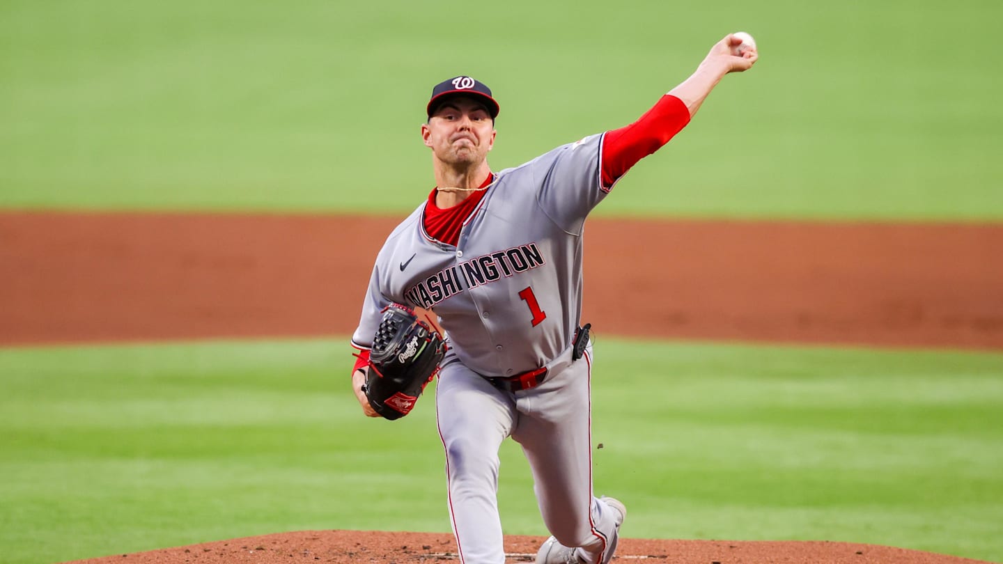 Sep 22, 2025; Atlanta, Georgia, USA; Washington Nationals starting pitcher MacKenzie Gore (1) throws against the Atlanta Braves in the first inning at Truist Park. Mandatory Credit: Brett Davis-Imagn Images