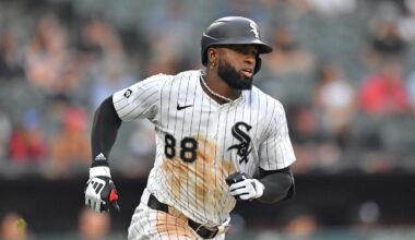 Jul 30, 2025; Chicago, Illinois, USA; Chicago White Sox center fielder Luis Robert Jr. (88) runs to first base hitting a single during the sixth inning against the Philadelphia Phillies at Rate Field. Mandatory Credit: Patrick Gorski-Imagn Images