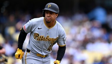 Apr 27, 2025; Los Angeles, California, USA; Pittsburgh Pirates first baseman Enmanuel Valdez (48) reacts after hitting a home run during the first inning against the Los Angeles Dodgers at Dodger Stadium. Mandatory Credit: Jonathan Hui-Imagn Images