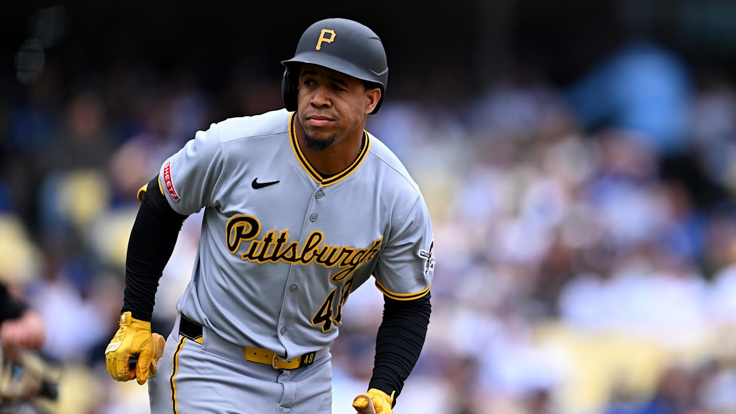 Apr 27, 2025; Los Angeles, California, USA; Pittsburgh Pirates first baseman Enmanuel Valdez (48) reacts after hitting a home run during the first inning against the Los Angeles Dodgers at Dodger Stadium. Mandatory Credit: Jonathan Hui-Imagn Images