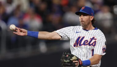 Sep 17, 2025; New York City, New York, USA; New York Mets second baseman Jeff McNeil (1) throws the ball to first base for an out during the sixth inning against the San Diego Padres at Citi Field. Mandatory Credit: Vincent Carchietta-Imagn Images