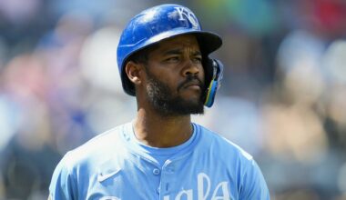 Aug 21, 2025; Kansas City, Missouri, USA; Kansas City Royals third baseman Maikel Garcia (11) reacts during the sixth inning against the Texas Rangers at Kauffman Stadium. Mandatory Credit: Jay Biggerstaff-Imagn Images