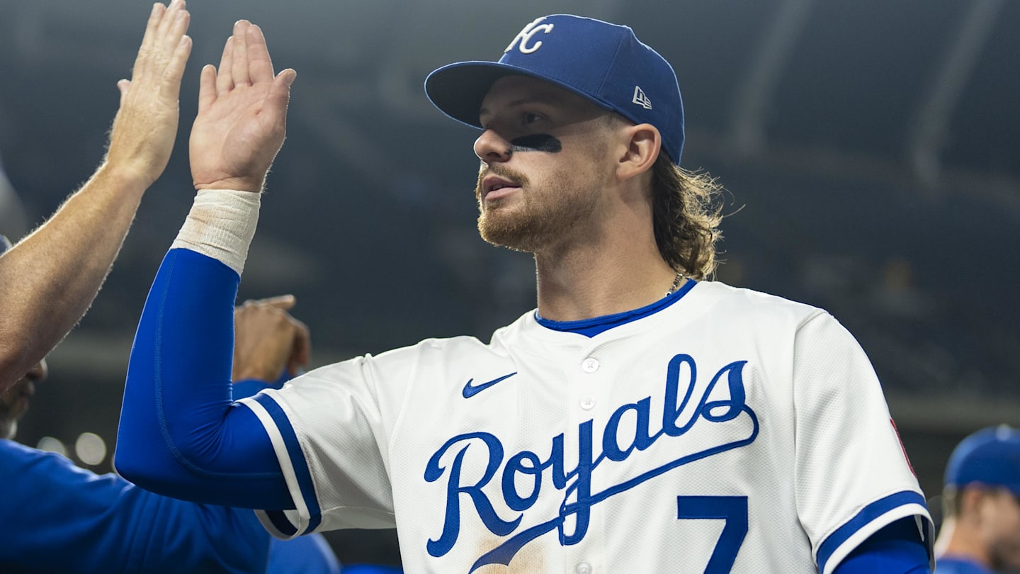 Sep 4, 2025; Kansas City, Missouri, USA; Kansas City Royals shortstop Bobby Witt Jr. (7) celebrates with teammates after defeating the Los Angeles Angels at Kauffman Stadium. Mandatory Credit: Jay Biggerstaff-Imagn Images