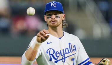 Sep 3, 2025; Kansas City, Missouri, USA; Kansas City Royals shortstop Bobby Witt Jr. (7) catches the ball during the ninth inning against the Los Angeles Angels at Kauffman Stadium. Mandatory Credit: Jay Biggerstaff-Imagn Images