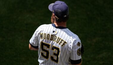 Jul 12, 2025; Milwaukee, Wisconsin, USA;  Milwaukee Brewers pitcher Brandon Woodruff (53) during warmups prior to the game against the Washington Nationals at American Family Field. Mandatory Credit: Jeff Hanisch-Imagn Images