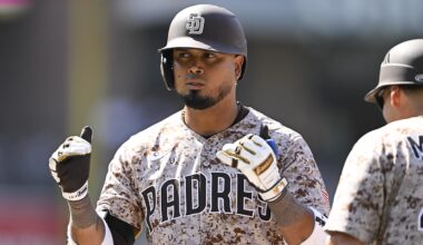 Aug 10, 2025; San Diego, California, USA; San Diego Padres first baseman Luis Arraez (4) gestures after hitting a single during the seventh inning against the Boston Red Sox at Petco Park. Mandatory Credit: Denis Poroy-Imagn Images