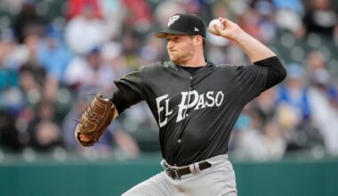 El Paso pitcher Wes Benjamin (33) pitches during the home opener Minor League baseball game between the Oklahoma City Comets and the El Paso Chihuahuas at Chickasaw Bricktown Ballpark in Oklahoma City on Tuesday, April 1, 2025.