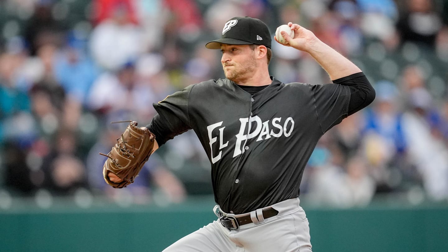 El Paso pitcher Wes Benjamin (33) pitches during the home opener Minor League baseball game between the Oklahoma City Comets and the El Paso Chihuahuas at Chickasaw Bricktown Ballpark in Oklahoma City on Tuesday, April 1, 2025.