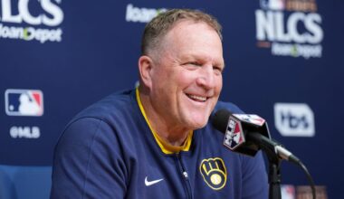 Oct 16, 2025; Los Angeles, California, USA; Milwaukee Brewers manager Pat Murphy (49) speaks in a press conference before game three against the Los Angeles Dodgers in the NLCS round for the 2025 MLB playoffs at Dodger Stadium. Mandatory Credit: Kirby Lee-Imagn Images