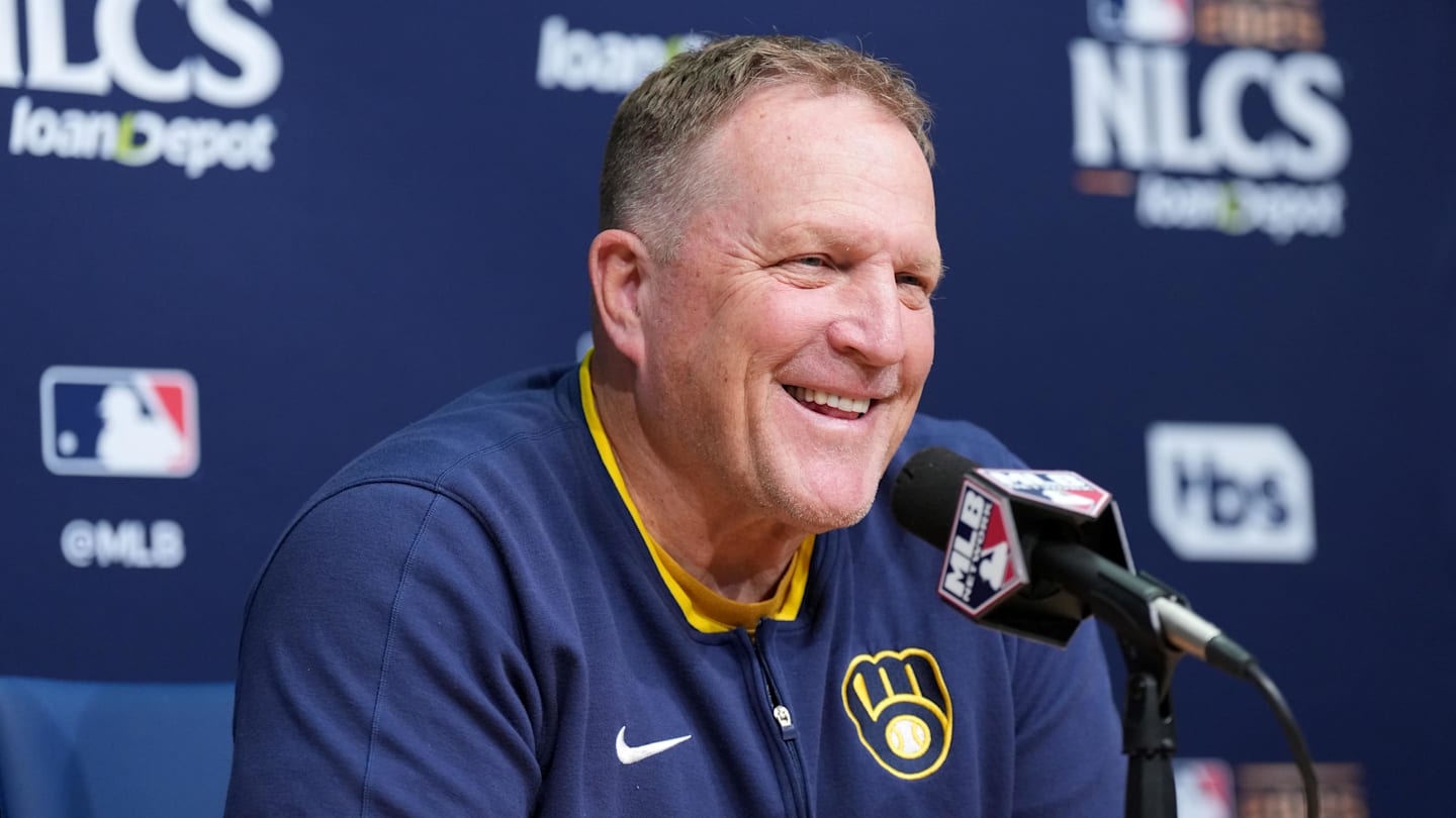 Oct 16, 2025; Los Angeles, California, USA; Milwaukee Brewers manager Pat Murphy (49) speaks in a press conference before game three against the Los Angeles Dodgers in the NLCS round for the 2025 MLB playoffs at Dodger Stadium. Mandatory Credit: Kirby Lee-Imagn Images
