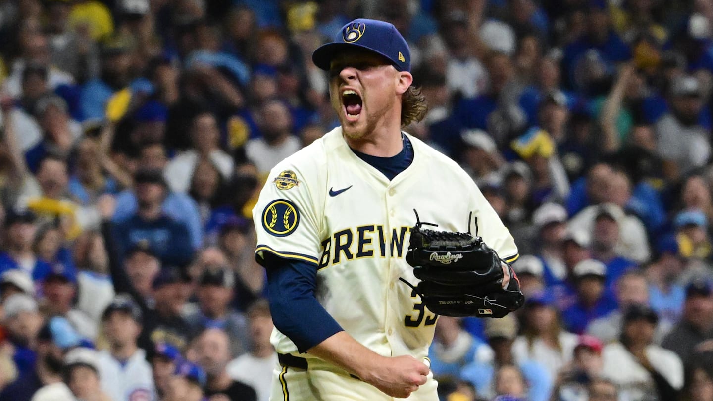 Oct 11, 2025; Milwaukee, Wisconsin, USA; Milwaukee Brewers pitcher Chad Patrick (39) reacts in the seventh inning against the Chicago Cubs during game five of the NLDS round for the 2025 MLB playoffs at American Family Field. Mandatory Credit: Benny Sieu-Imagn Images