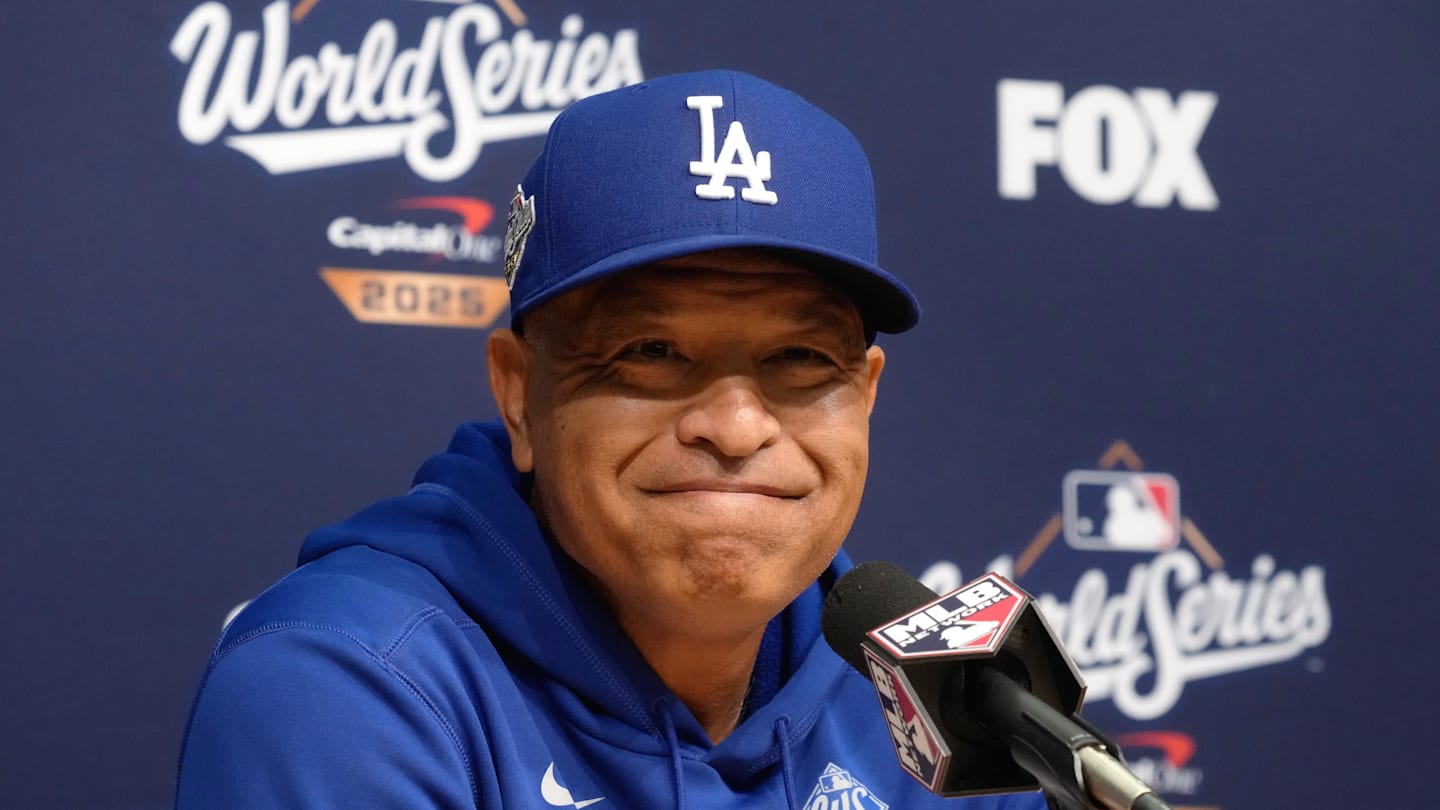 Oct 29, 2025; Los Angeles, California, USA; Los Angeles Dodgers manager Dave Roberts (30) speaks in a press conference before game five of the 2025 MLB World Series against the Toronto Blue Jays at Dodger Stadium. Mandatory Credit: Kirby Lee-Imagn Images