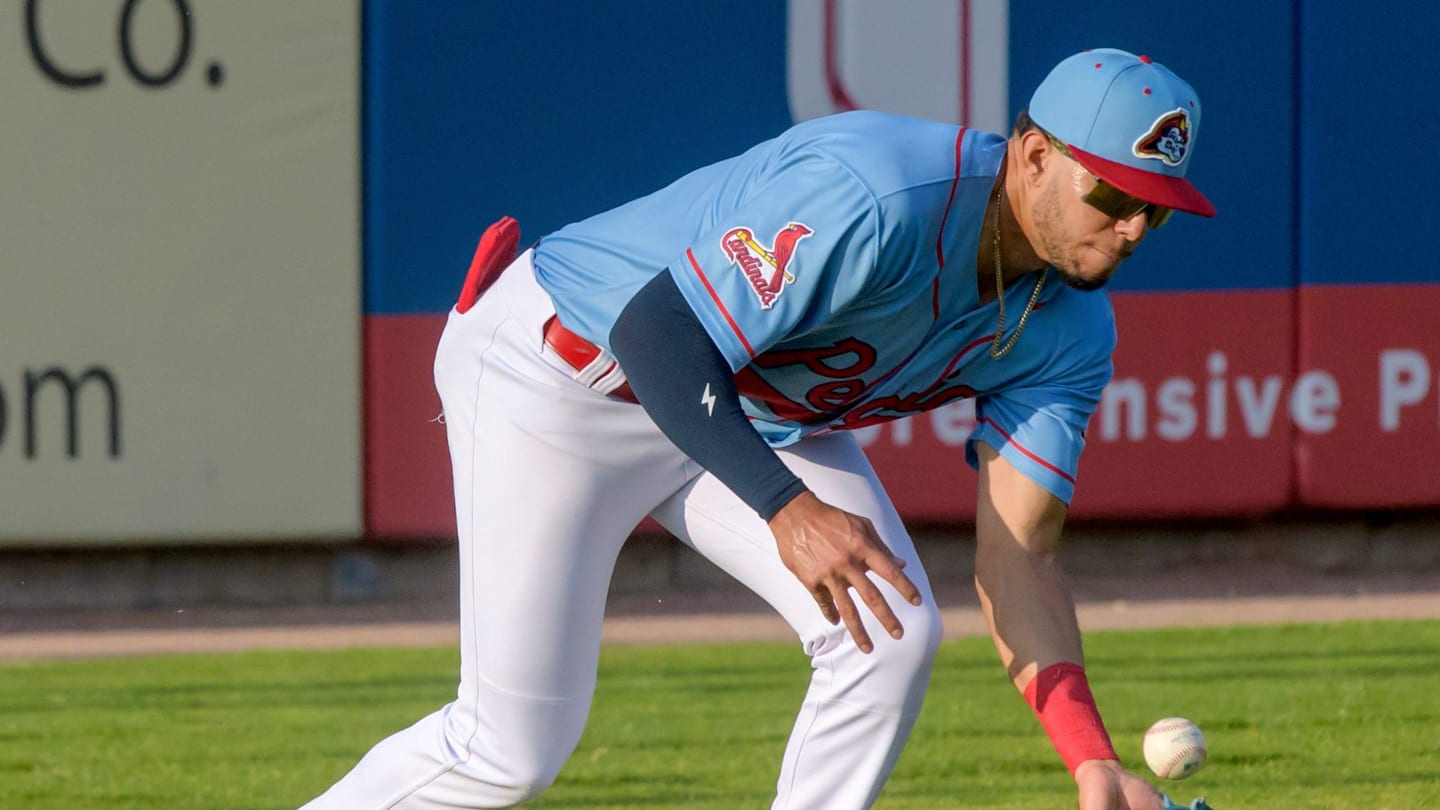 Peoria Chiefs outfielder Joshua Baez fields a hit to left field during a game against the Michigan Whitecaps on Wednesday, May 15, 2024 at Dozer Park in Peoria.