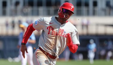Feb 25, 2025; Port Charlotte, Florida, USA;  Philadelphia Phillies outfielder Justin Crawford (80) runs home to score against the Tampa Bay Rays during the fourth inning at Charlotte Sports Park. Mandatory Credit: Kim Klement Neitzel-Imagn Images