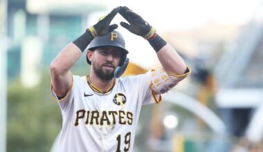 Aug 23, 2025; Pittsburgh, Pennsylvania, USA;  Pittsburgh Pirates shortstop Jared Triolo (19) gestures as he circles the bases on a two-run home run against the Colorado Rockies during the third inning at PNC Park. Mandatory Credit: Charles LeClaire-Imagn Images