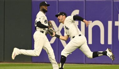 Chicago White Sox outfielders Luis Robert Jr. and Mike Tauchman.
