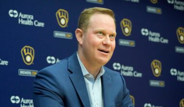 Senior Vice President and General Manager Matt Arnold speaks during an an end of season press conference at American Family Field in Milwaukee on Tuesday, Oct. 10, 2023.