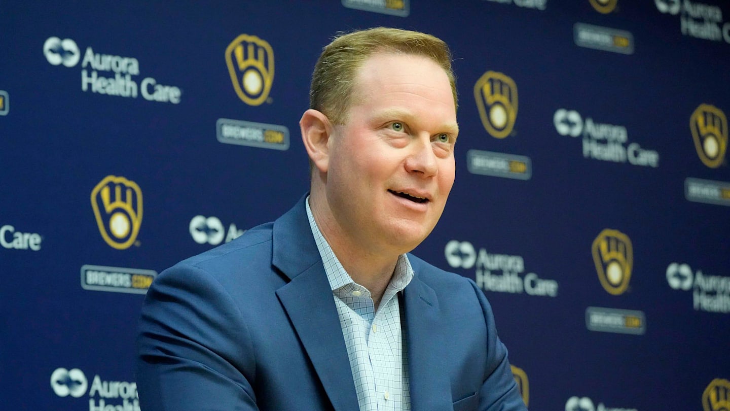 Senior Vice President and General Manager Matt Arnold speaks during an an end of season press conference at American Family Field in Milwaukee on Tuesday, Oct. 10, 2023.