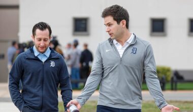 Detroit Tigers president of baseball operations Scott Harris, right, talks with general manager Jeff Greenberg during spring training at Tigertown in Lakeland, Fla. on Thursday, Feb. 15, 2024.