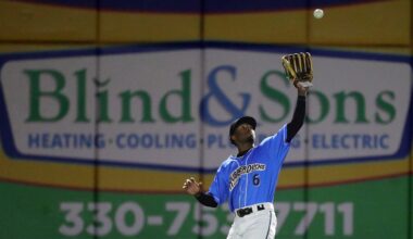 Akron RubberDucks left fielder Kahlil Watson (6) gets under a shot to left by Erie SeaWolves catcher Liam Hicks (19) during the seventh inning of Game 1 of the Eastern League Playoffs at Canal Park, Tuesday, Sept. 17, 2024, in Akron, Ohio.