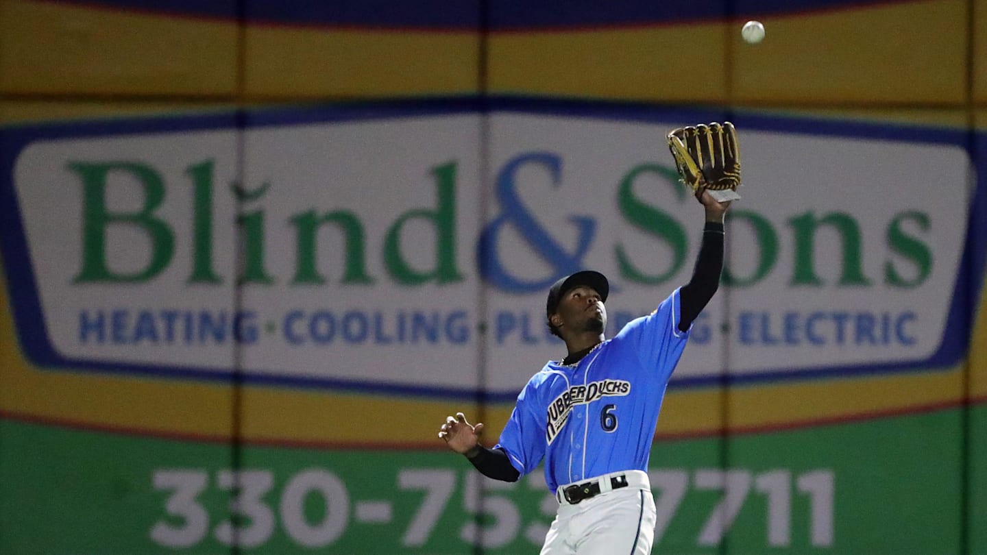 Akron RubberDucks left fielder Kahlil Watson (6) gets under a shot to left by Erie SeaWolves catcher Liam Hicks (19) during the seventh inning of Game 1 of the Eastern League Playoffs at Canal Park, Tuesday, Sept. 17, 2024, in Akron, Ohio.