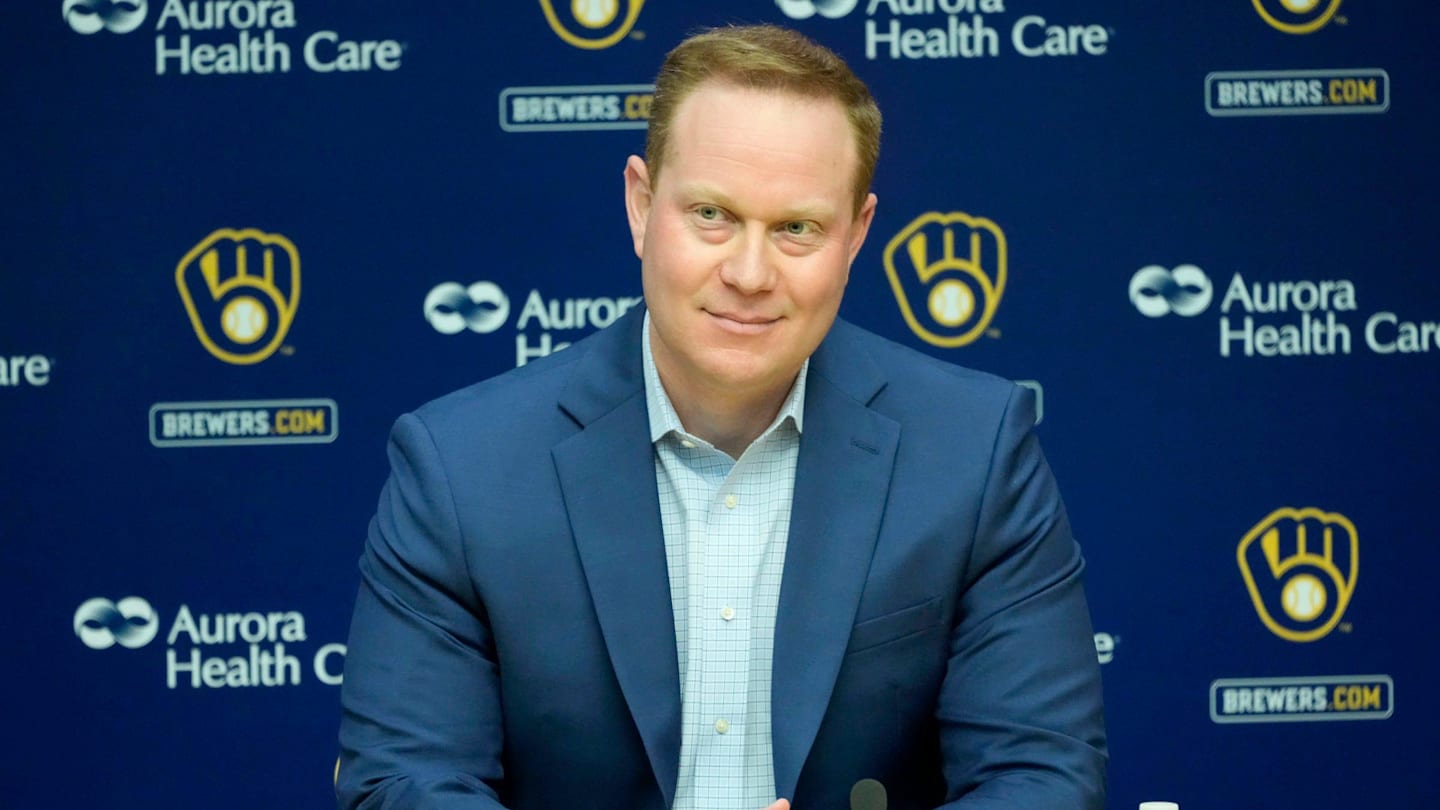 Senior Vice President and General Manager Matt Arnold speaks during an an end of season press conference at American Family Field in Milwaukee on Tuesday, Oct. 10, 2023. - Mike De Sisti / The Milwaukee Journal Sentinel