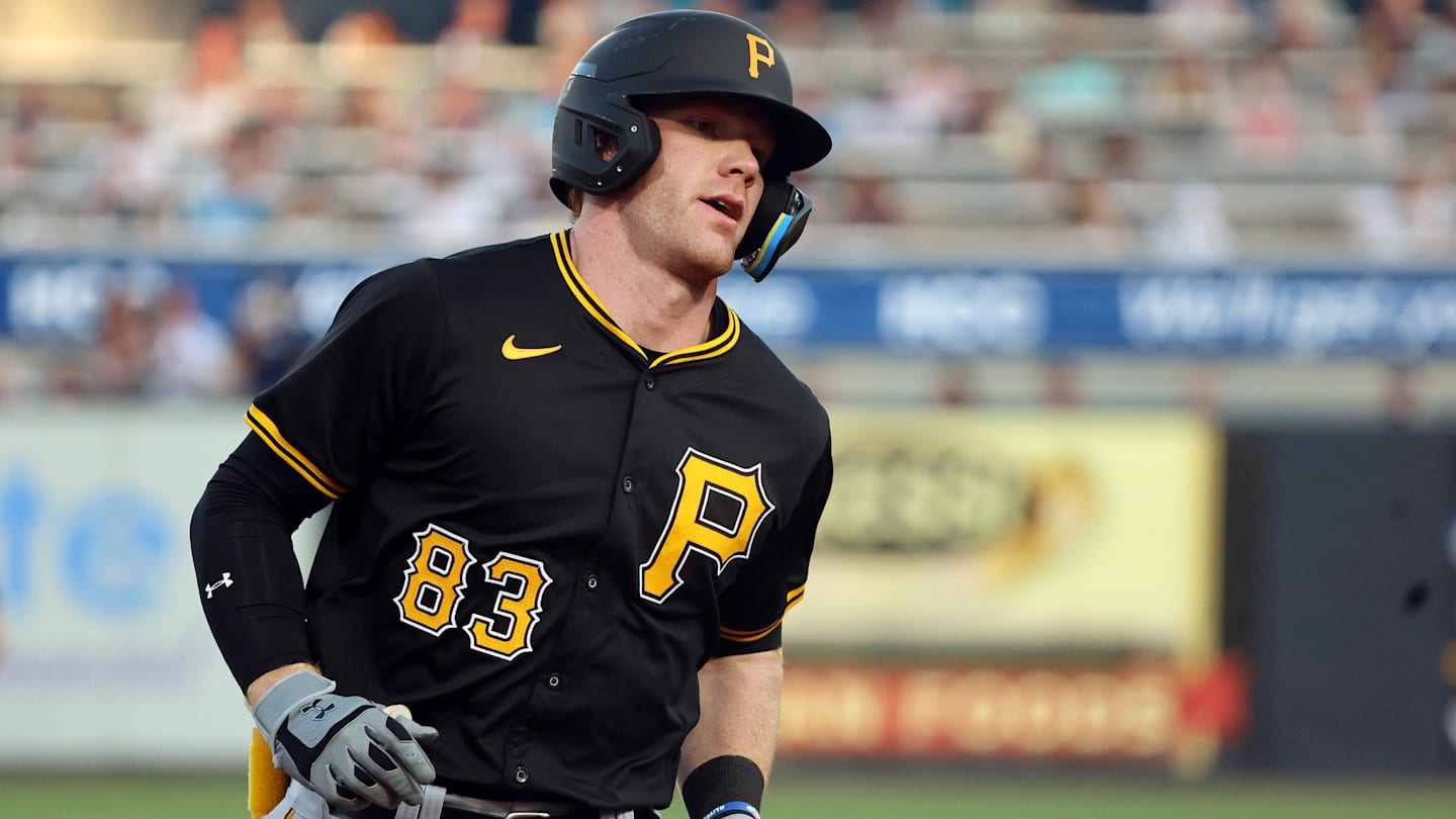 Mar 15, 2024; Tampa, Florida, USA; Pittsburgh Pirates infielder Jack Brannigan (83) runs thes base afterhitting a home run during the third inning against the New York Yankees at George M. Steinbrenner Field. Mandatory Credit: Kim Klement Neitzel-Imagn Images