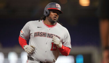 Sep 9, 2025; Miami, Florida, USA;  Washington Nationals first baseman Josh Bell (19) rounds the bases after hitting a three-run home run in the first inning against the Miami Marlins at loanDepot Park. Mandatory Credit: Jim Rassol-Imagn Images