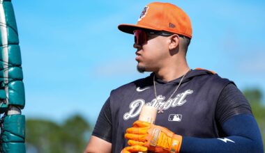 Detroit Tigers catcher Thayron Liranzo walks out of batting cage after practice during spring training at TigerTown in Lakeland, Fla. on Saturday, Feb. 15, 2025.