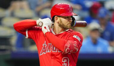 Sep 3, 2025; Kansas City, Missouri, USA; Los Angeles Angels designated hitter Taylor Ward (3) bats during the fourth inning against the Kansas City Royals at Kauffman Stadium.