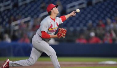 Mar 8, 2024; West Palm Beach, Florida, USA; St. Louis Cardinals pitcher Brycen Mautz (80) pitches in the first inning Washington Nationals at CACTI Park of the Palm Beaches. Mandatory Credit: Jim Rassol-Imagn Images