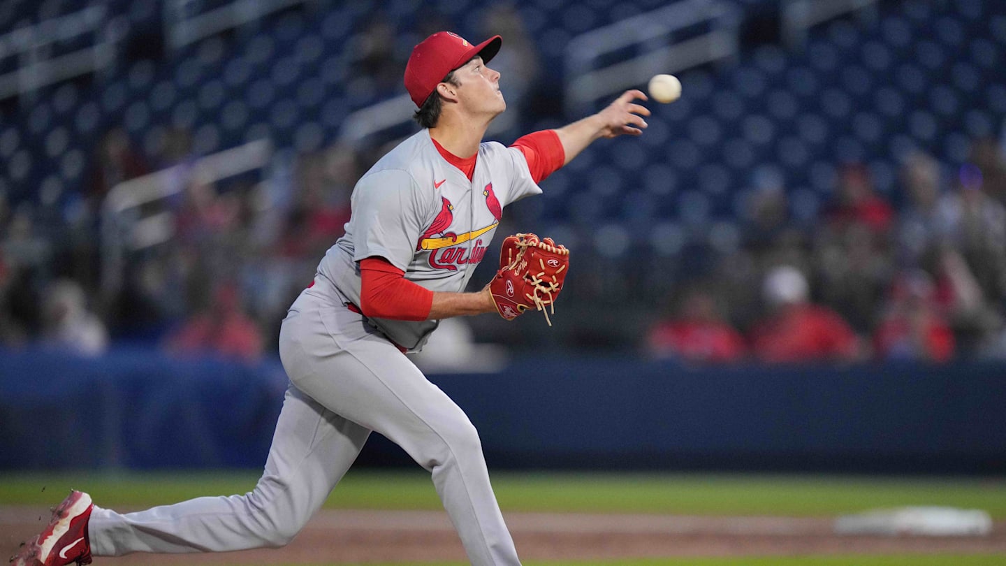 Mar 8, 2024; West Palm Beach, Florida, USA; St. Louis Cardinals pitcher Brycen Mautz (80) pitches in the first inning Washington Nationals at CACTI Park of the Palm Beaches. Mandatory Credit: Jim Rassol-Imagn Images