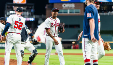 Atlanta Braves pitcher Raisel Iglesias celebrates the team's victory over the Washington Nationals at Truist Park.