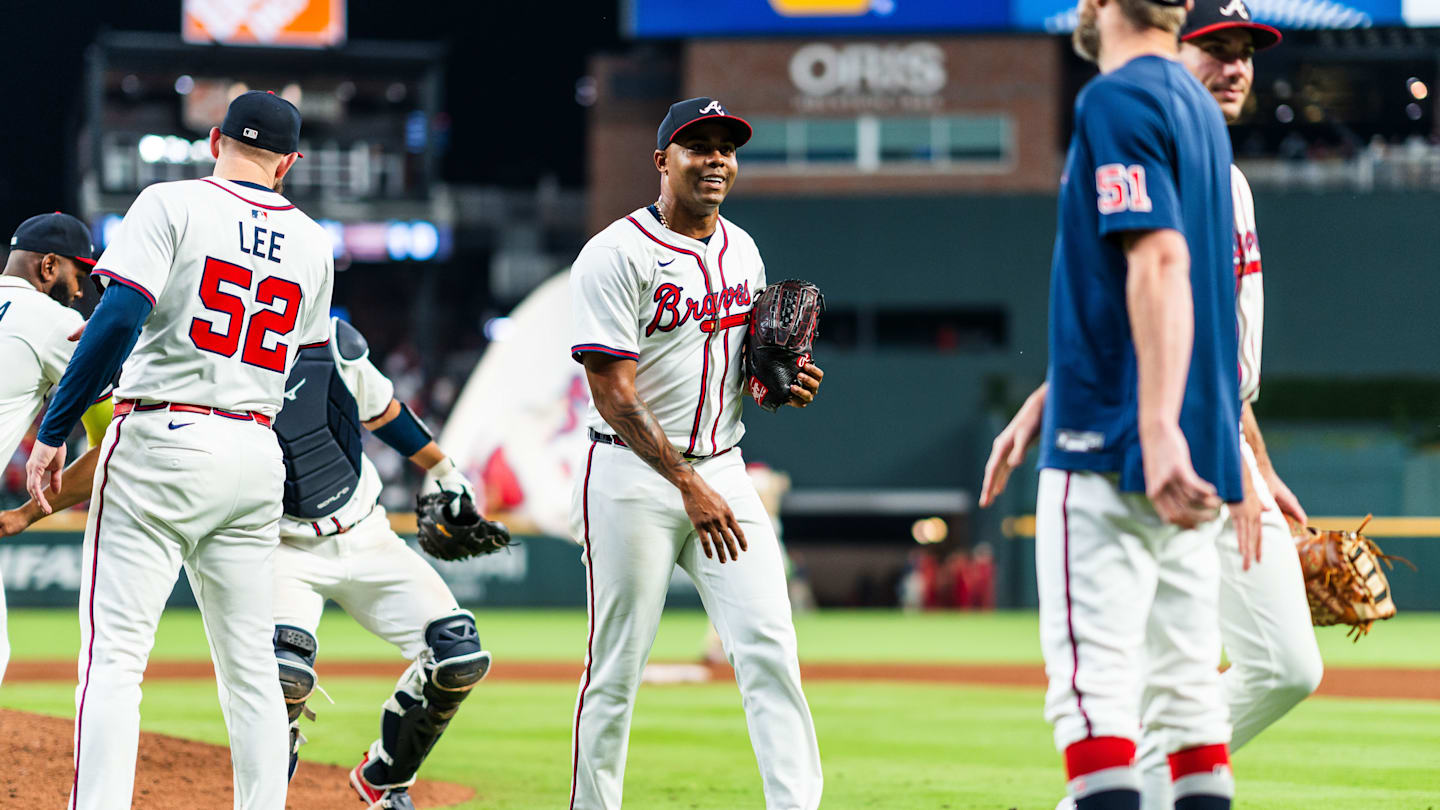 Atlanta Braves pitcher Raisel Iglesias celebrates the team's victory over the Washington Nationals at Truist Park.