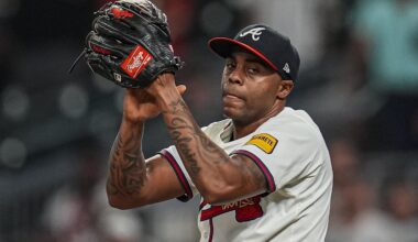 Sep 23, 2025; Cumberland, Georgia, USA; Atlanta Braves relief pitcher Raisel Iglesias (26)  reacts after the Braves defeated the Washington Nationals at Truist Park.