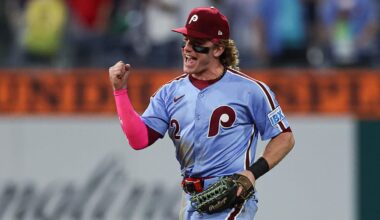 Sep 25, 2025; Philadelphia, Pennsylvania, USA; Philadelphia Phillies outfielder Harrison Bader (2) reacts as he runs off the field after a victory against the Miami Marlins at Citizens Bank Park. Mandatory Credit: Bill Streicher-Imagn Images