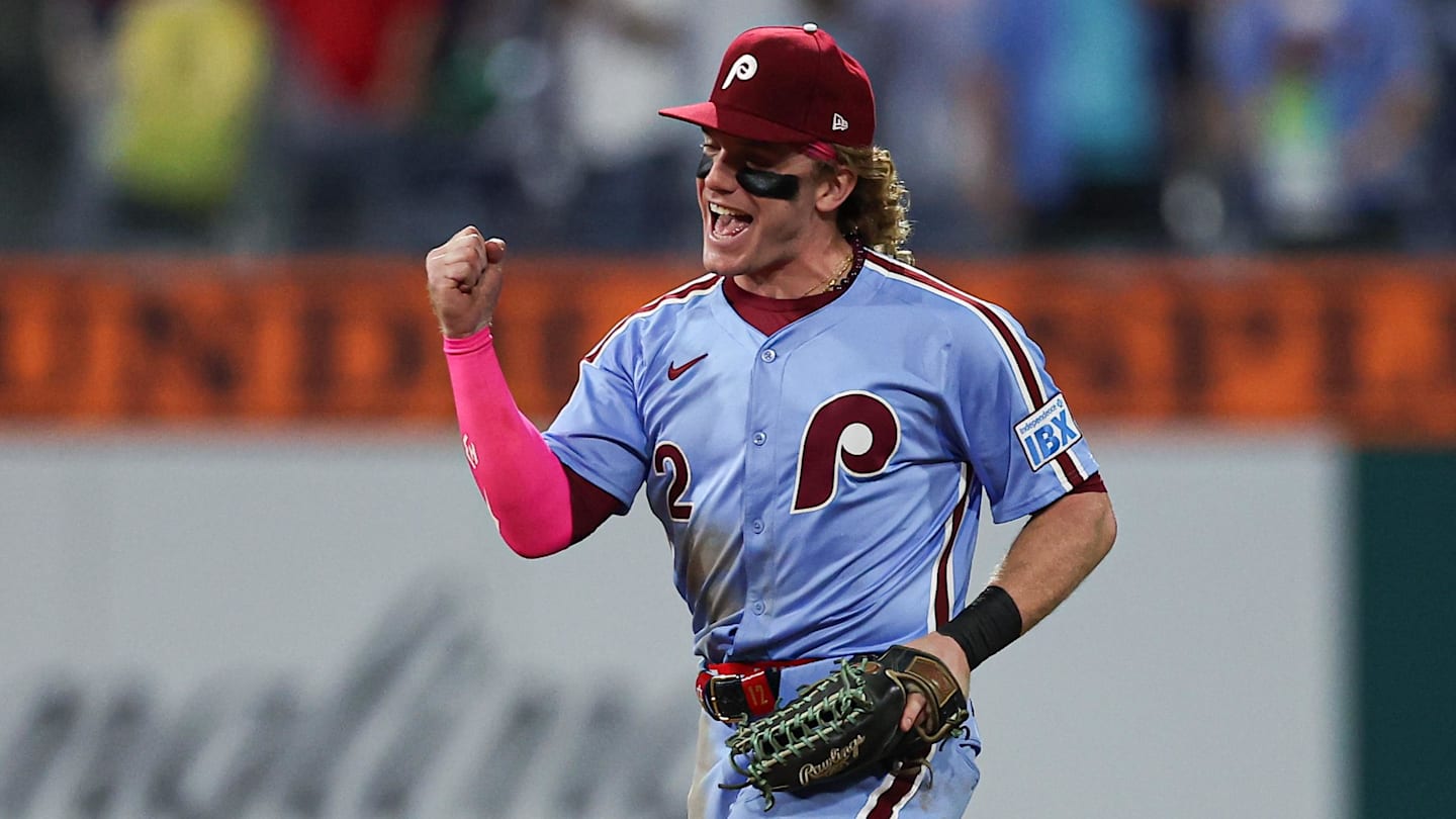 Sep 25, 2025; Philadelphia, Pennsylvania, USA; Philadelphia Phillies outfielder Harrison Bader (2) reacts as he runs off the field after a victory against the Miami Marlins at Citizens Bank Park. Mandatory Credit: Bill Streicher-Imagn Images