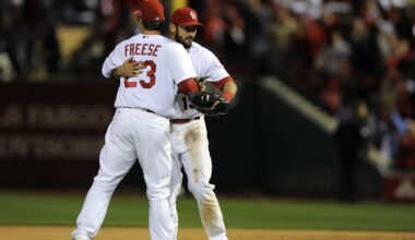 Oct 18, 2012; St. Louis, MO, USA; St. Louis Cardinals first baseman Matt Carpenter (13) celebrates defeating the San Francisco Giants with third baseman David Freese (23) during game four of the 2012 NLCS at Busch Stadium.  The St. Louis Cardinals won 8-3. Mandatory Credit: Jeff Curry-Imagn Images
