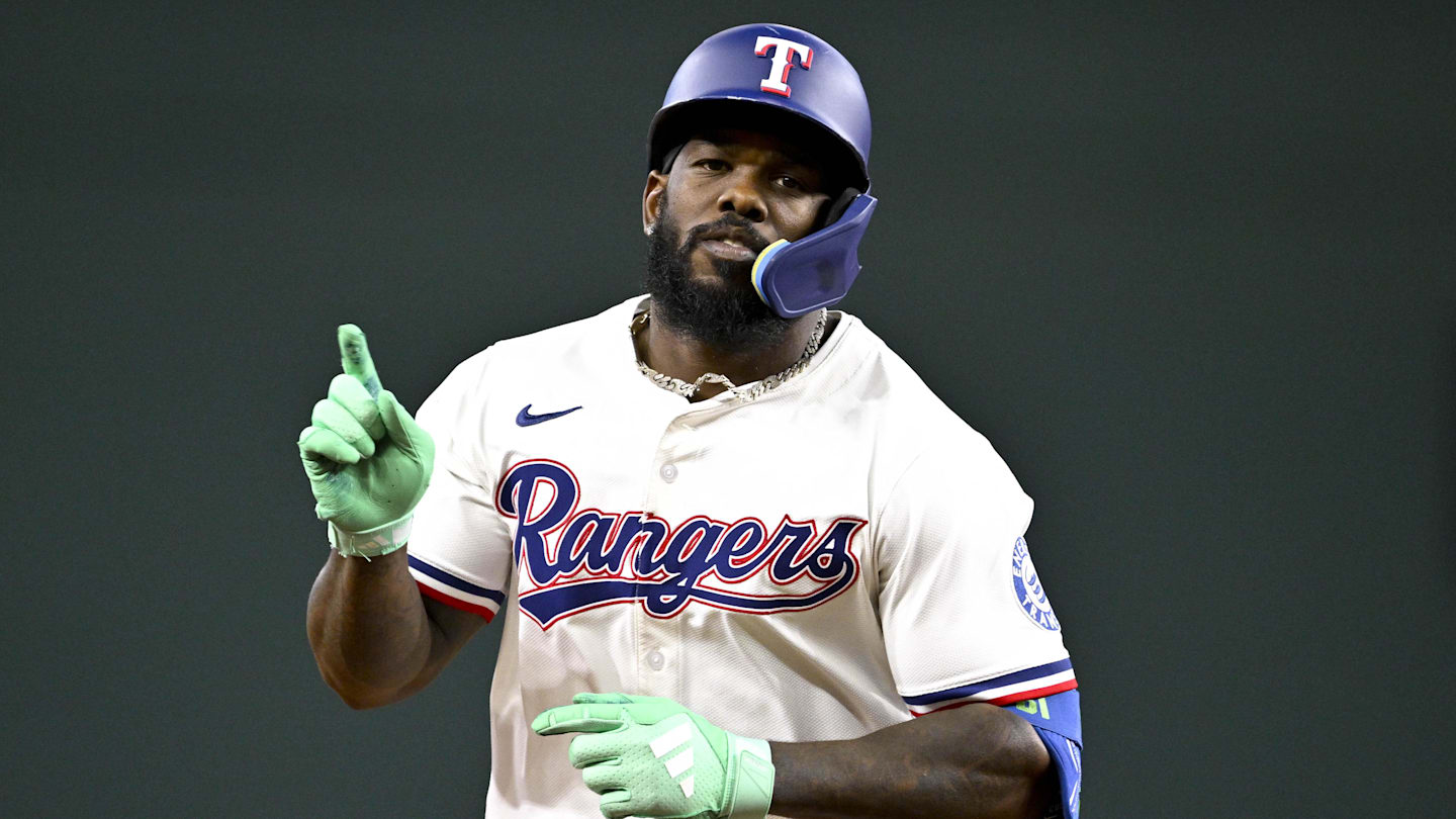 Aug 23, 2025; Arlington, Texas, USA; Texas Rangers right fielder Adolis Garcia (53) rounds the bases after he hits a two run home run against the Cleveland Guardians during the fifth inning at Globe Life Field. Mandatory Credit: Jerome Miron-Imagn Images