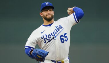Sep 4, 2025; Kansas City, Missouri, USA; Kansas City Royals starting pitcher Noah Cameron (65) pitches during the first inning against the Los Angeles Angels at Kauffman Stadium. Mandatory Credit: Jay Biggerstaff-Imagn Images