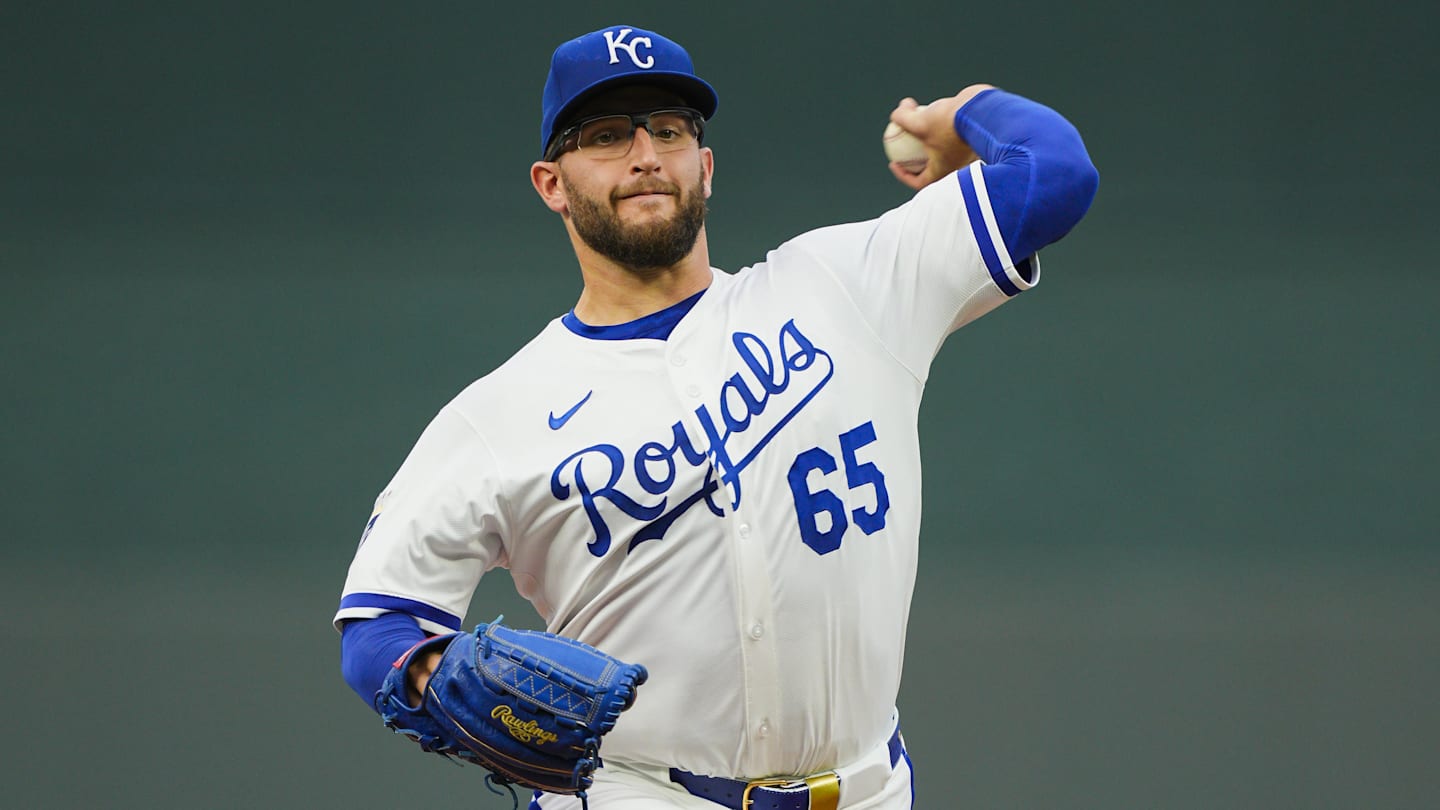 Sep 4, 2025; Kansas City, Missouri, USA; Kansas City Royals starting pitcher Noah Cameron (65) pitches during the first inning against the Los Angeles Angels at Kauffman Stadium. Mandatory Credit: Jay Biggerstaff-Imagn Images