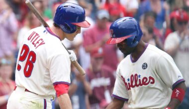 May 18, 2014; Philadelphia, PA, USA; Philadelphia Phillies shortstop Jimmy Rollins (11) celebrates with second baseman Chase Utley (26) after hitting a home run in the first inning against the Cincinnati Reds at Citizens Bank Park. Mandatory Credit: Bill Streicher-Imagn Images