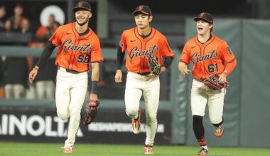 Sep 26, 2025; San Francisco, California, USA; against the San Francisco Giants outfielders jog infield after the game against the Colorado Rockies at Oracle Park. Mandatory Credit: Kelley L Cox-Imagn Images