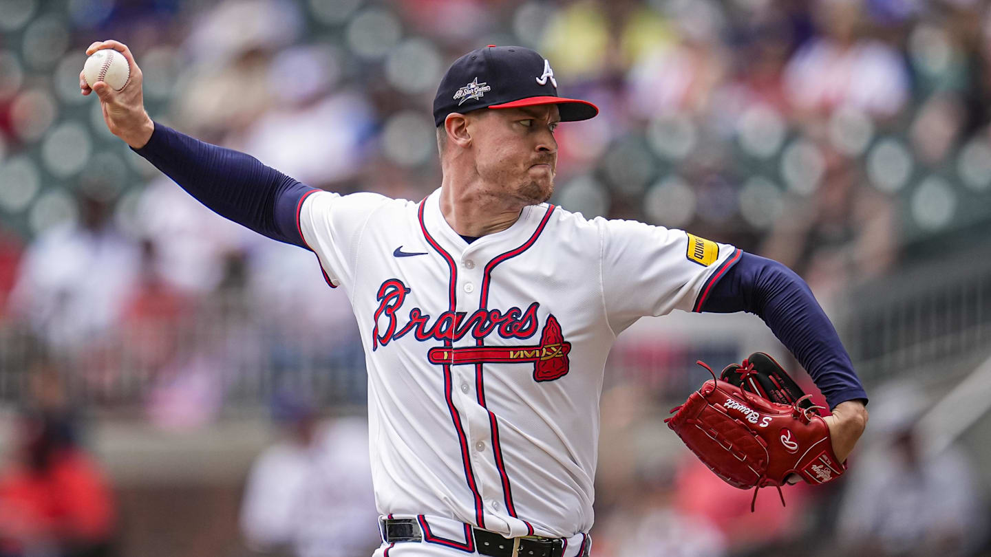 Jun 5, 2025; Cumberland, Georgia, USA; Atlanta Braves relief pitcher Scott Blewett (63) pitches against the Arizona Diamondbacks during the ninth inning at Truist Park. Mandatory Credit: Dale Zanine-Imagn Images