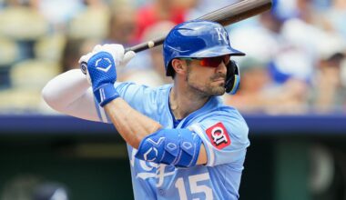 Jul 30, 2025; Kansas City, Missouri, USA; Kansas City Royals right fielder Randal Grichuk (15) bats during the second inning against the Atlanta Braves at Kauffman Stadium. Mandatory Credit: Jay Biggerstaff-Imagn Images
