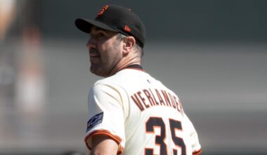 Sep 27, 2025; San Francisco, California, USA; San Francisco Giants starting pitcher Justin Verlander (35) waits while Colorado Rockies center fielder Brenton Doyle (9) runs out his solo home run during the second inning at Oracle Park.