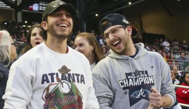 Apr 7, 2022; Atlanta, Georgia, USA; Atlanta Braves fans react before the game on Opening Day against the Cincinnati Reds at Truist Park.