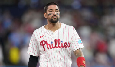 Aug 30, 2025; Philadelphia, Pennsylvania, USA; Philadelphia Phillies outfielder Nick Castellanos (8) looks on against the Atlanta Braves in the tenth inning at Citizens Bank Park.